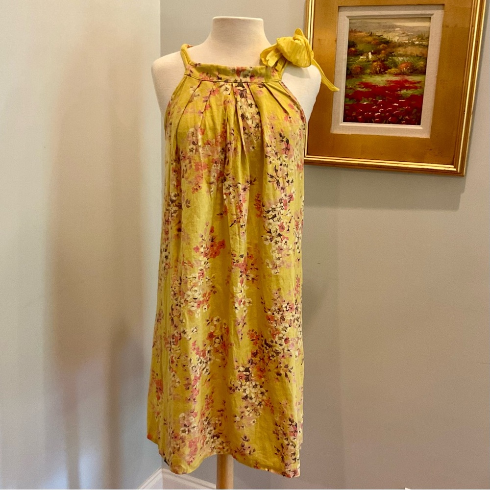 Bellambra Italy Linen Yellow Floral Dress Halter Tie Neck Cottagecore Size Small